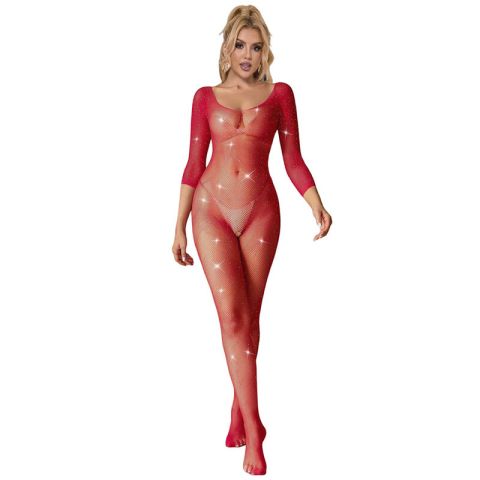SUBBLIME - 952419 BODYSTOCKING DE REDE COM DIAMANTES MANGA LONGA VERMELHO XS/M
